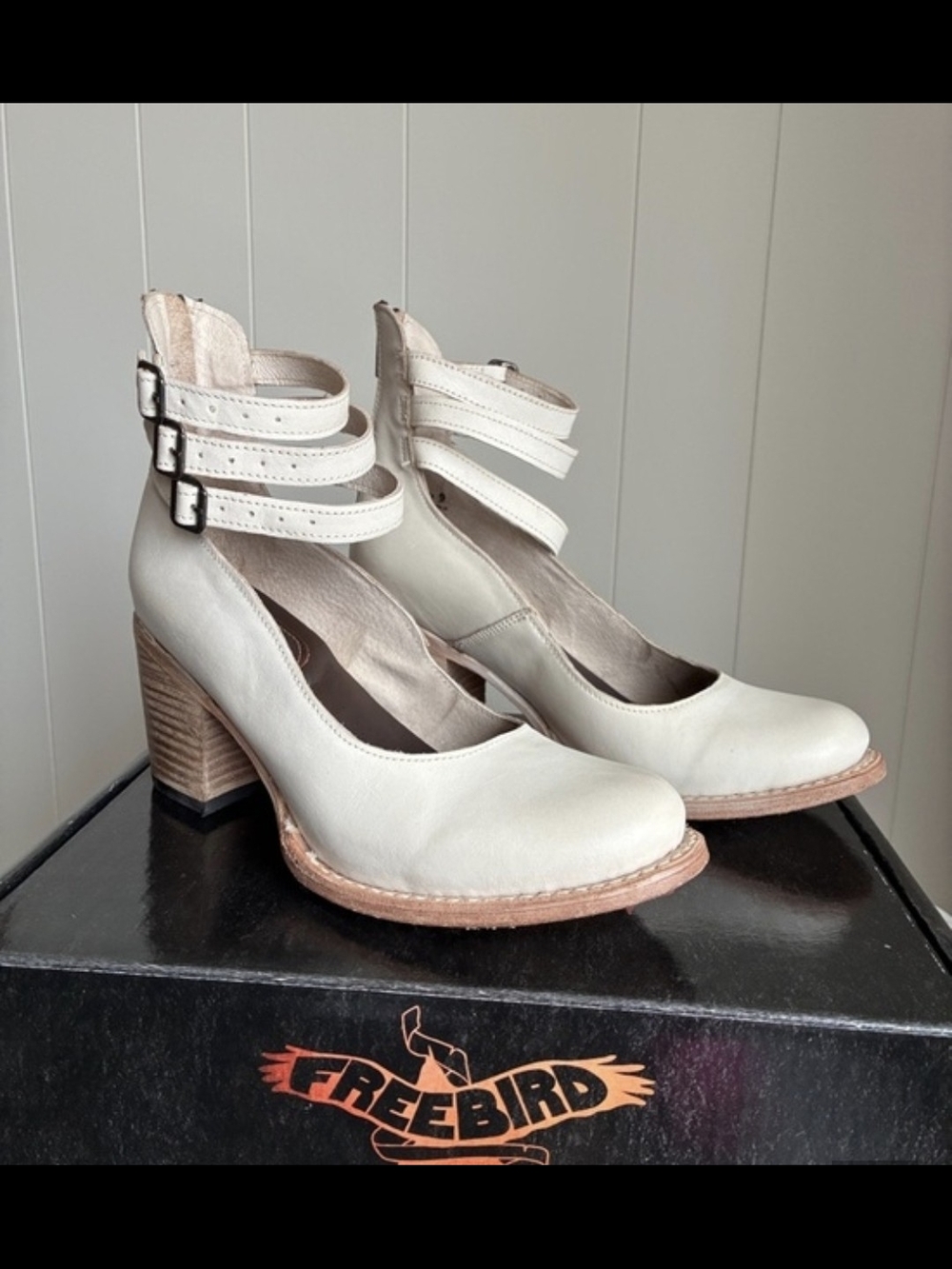 Freebird by Steven Women's Cream Leather Strap Block Heel Pumps